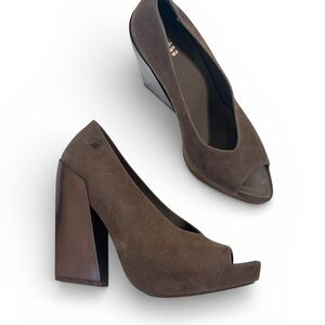 Melissa Brown Suede Leather Chunky Heels Womens 8 Peep Toe Shoes Funky Boho